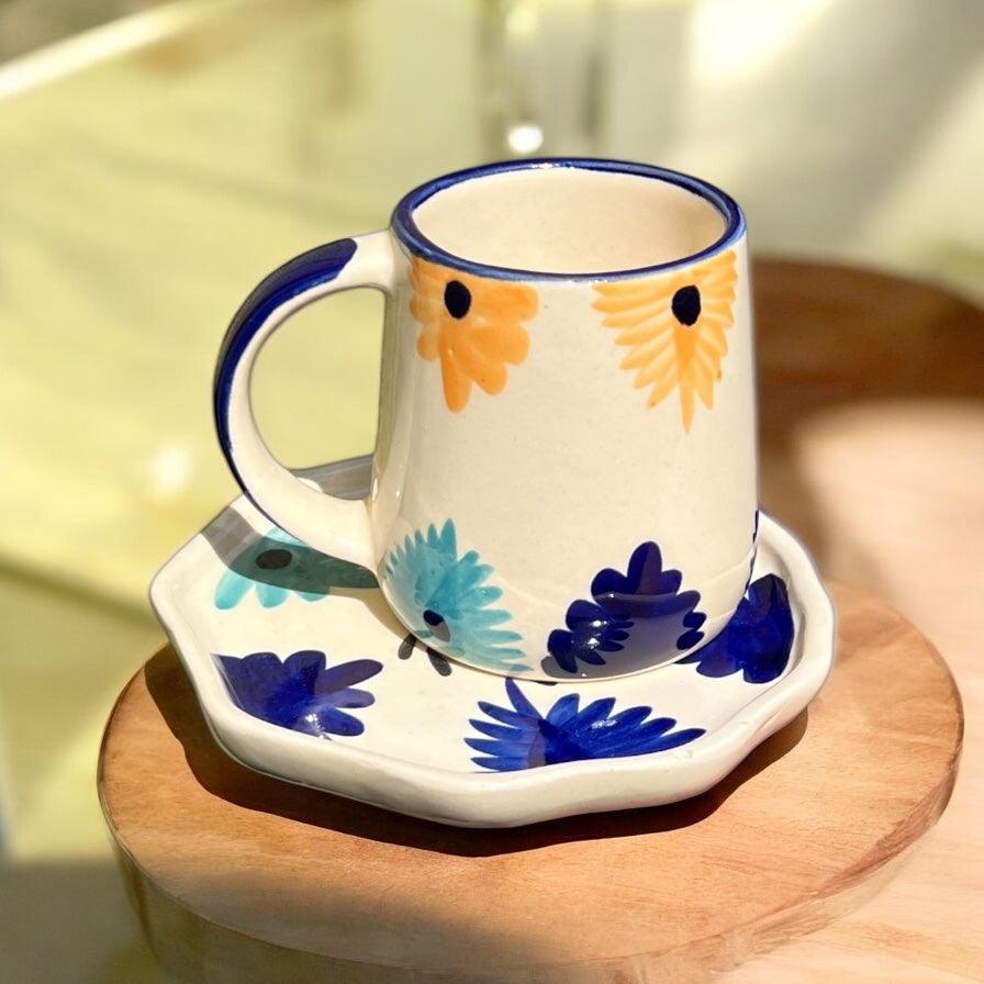 Blue & Yellow Flower Mug & Saucer - Clayful Homes