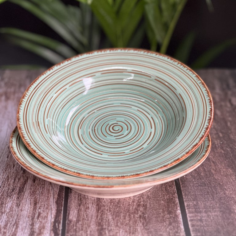 Hand Painted Ceramic Deep Starter Plates (Set of 2, Green, 21.5 cm Diameter)