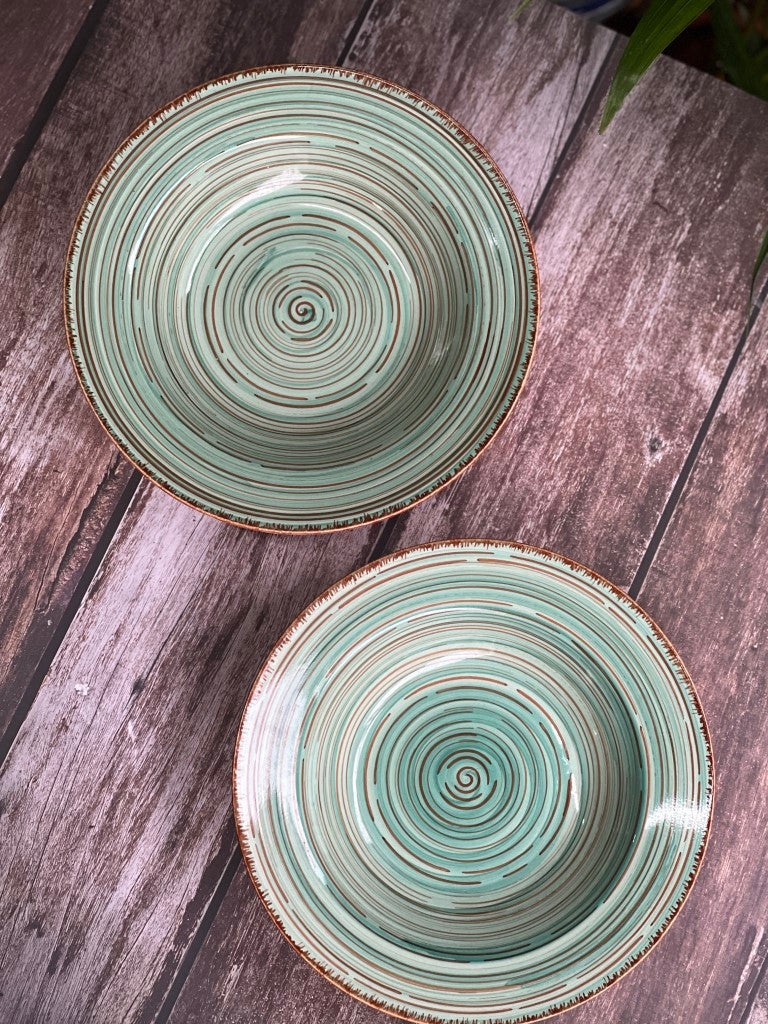 Hand Painted Ceramic Deep Starter Plates (Set of 2, Green, 21.5 cm Diameter)