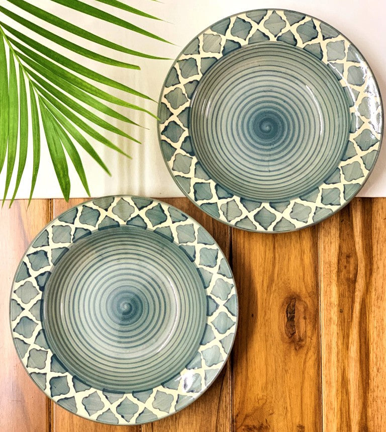 Hand Painted Ceramic Deep Starter Plates (Set of 2, Grey, 21.5 cm Diameter)