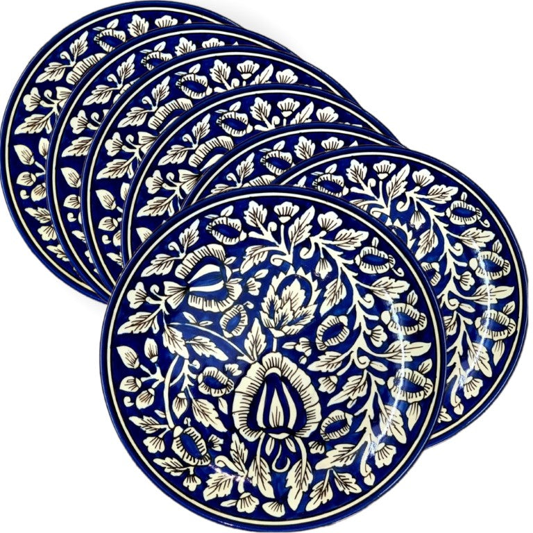 Hand Painted Ceramic Dinner Plates (10 Inch, Set of 6, Dishwasher &amp; Microwave Safe, Mughal Blue)