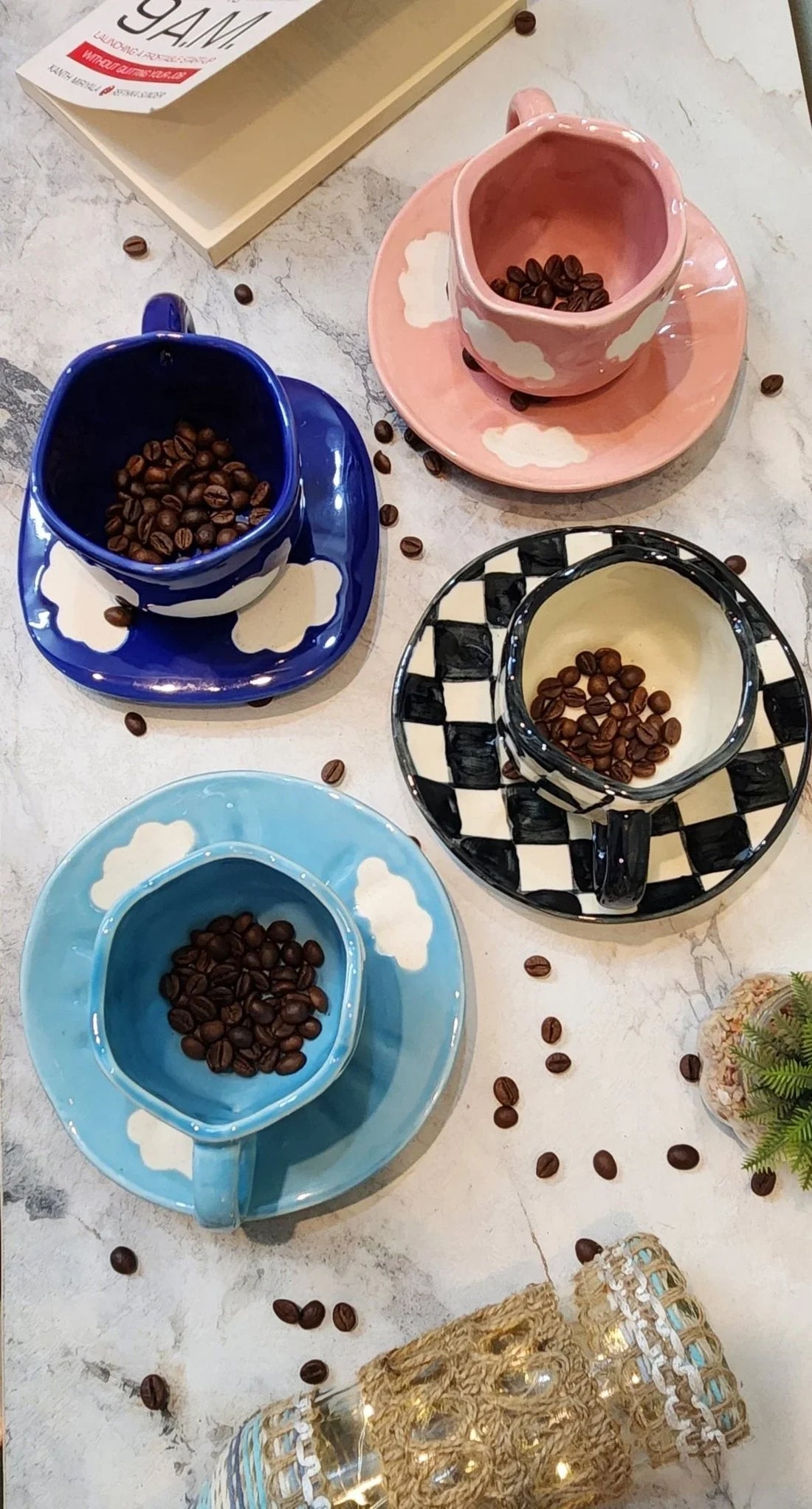 Get 4 @ Cost of 3! Ceramic Coffee &amp; Tea Designer Mugs with Saucer